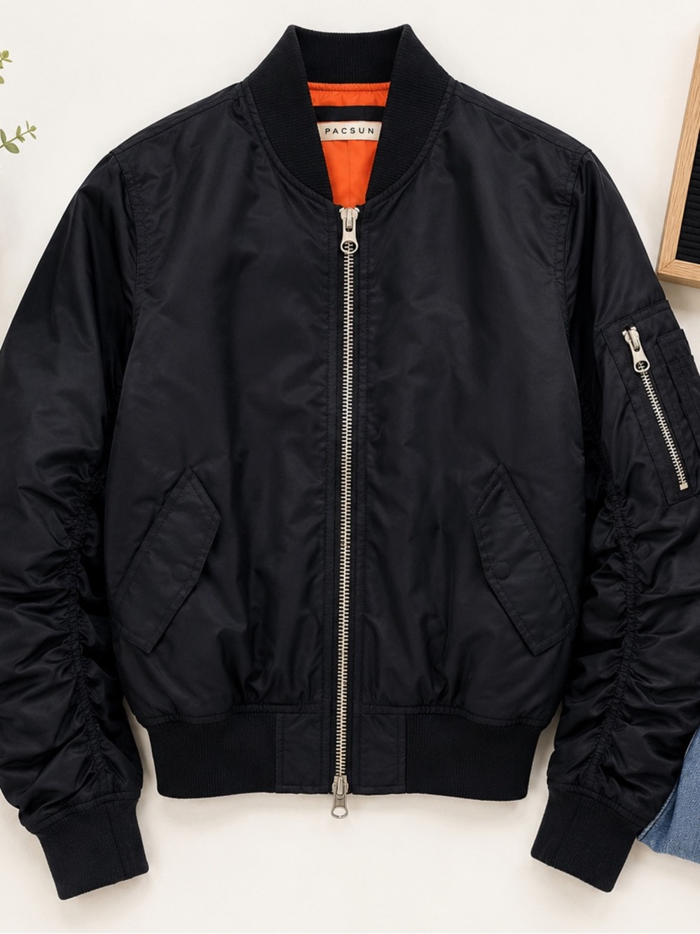 PACSUN Men's Black Bomber Jacket with Orange Lining